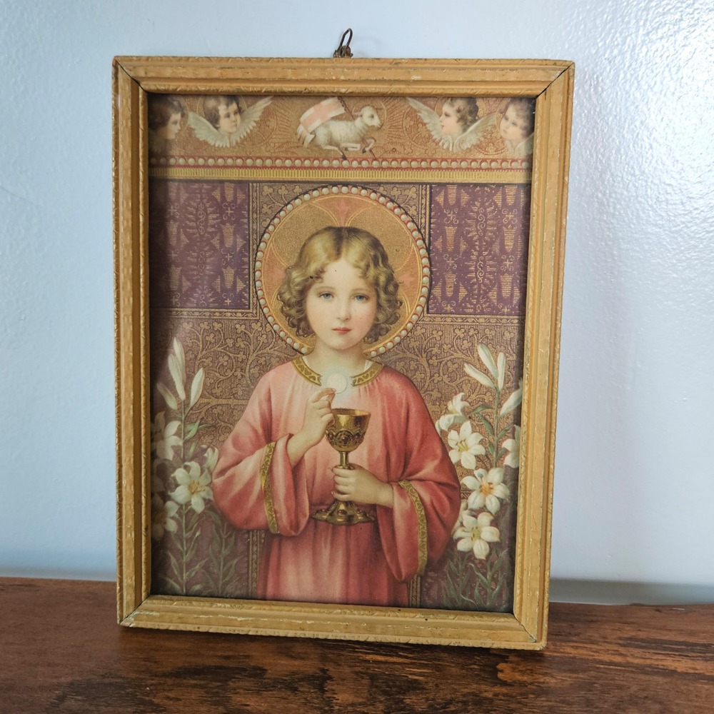 Vintage Religious Framed Golden Print Child Christ Chalice Communion Lily Framed